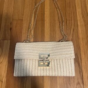 Woven Straw Chain Shoulder Bag in Cream with Gold Hardware